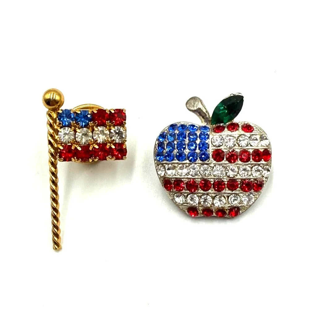Vintage‎ Patriotic Brooch Lot American Flag & Apple Rhinestone Pins